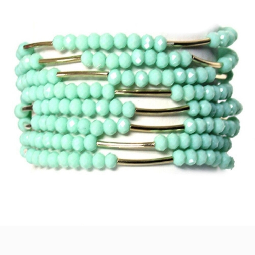 MINT GREEN BEAD METAL BAR STRETCH MULTI BRACELET SET